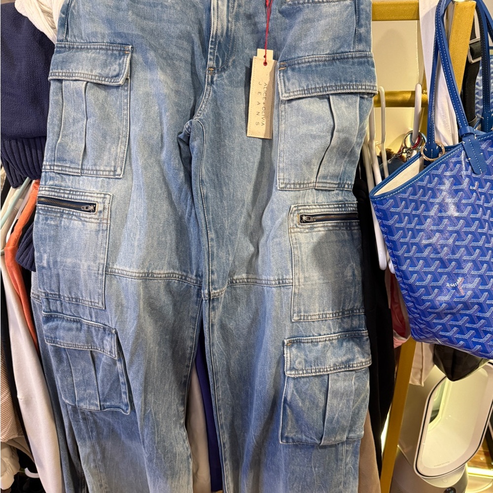 Alice + Olivia Blue Relaxed Jeans with Distressed Wash